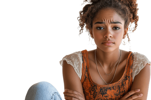 Young woman expressing concern with a thoughtful gaze png