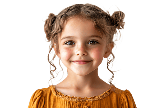 Happy girl with curly hair and a warm smile at home png