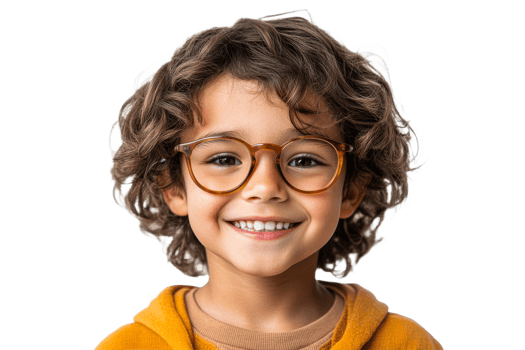 Child with curly hair and glasses in an orange hoodie png