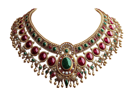 Elegant necklace with red and green gems on clear png
