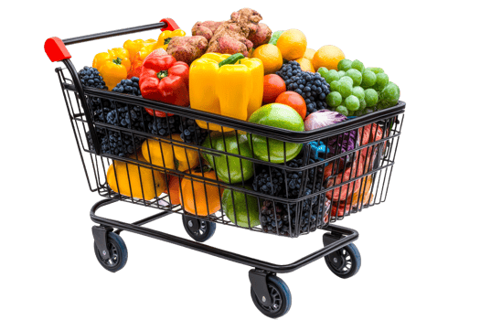 Vibrant cart of fresh fruits and veggies png