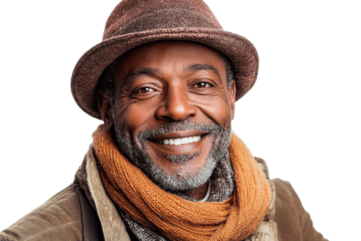 Man in hat and scarf, smiling, transparent bg png