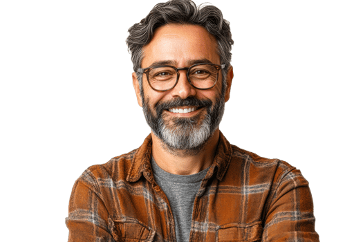 Happy man with beard and glasses wearing flannel shirt png