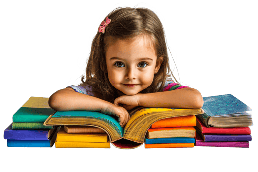 Child enjoying colorful books on a table png