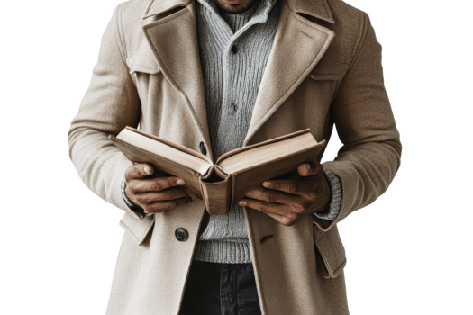 Person reading a book with a light coat and sweater png