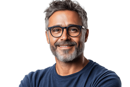 Smiling middle aged man in glasses, transparent bg png