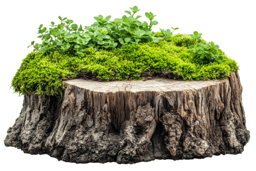 Unique tree stump with vibrant moss and greenery png