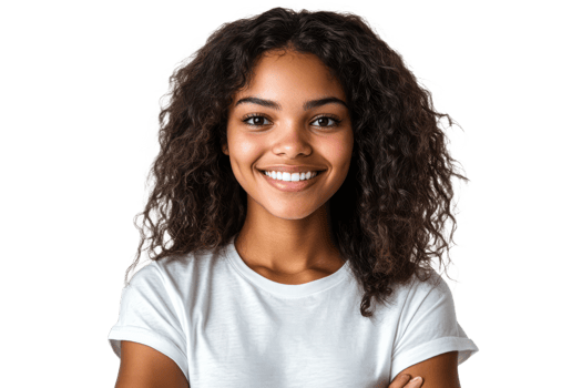 A young woman with curly hair is smiling confidently png
