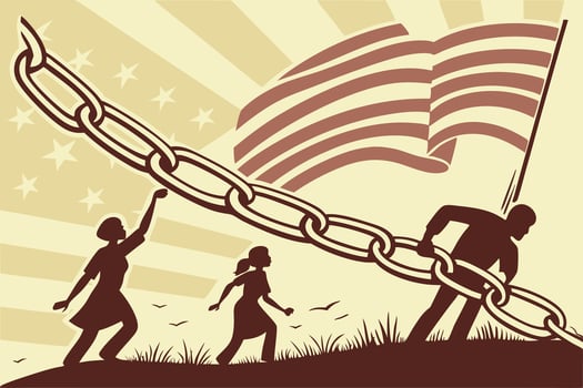 Powerful illustration showing diverse individuals pulling together to break free from chains, symbolizing collective power, social justice, and the fight for freedom vector