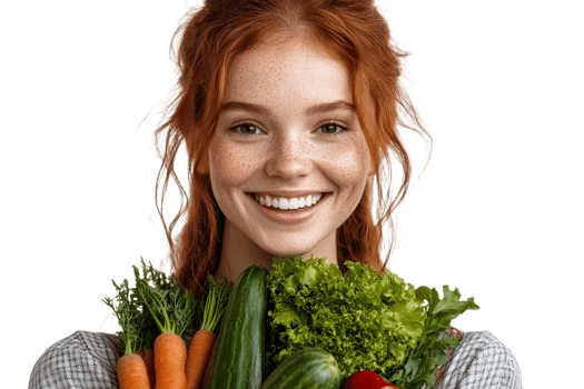 Smiling woman holding fresh vegetables with joy png
