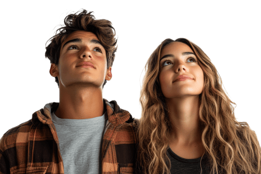 Young couple looking up with curiosity and wonder png