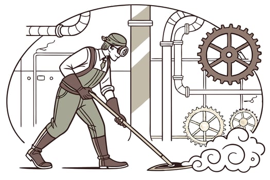 Steampunk style worker cleaning the factory floor with a mop, gears and mechanical pipes in a vintage industrial environment vector
