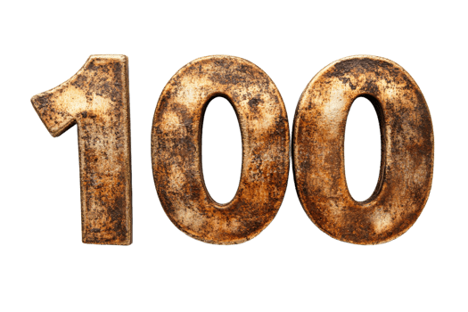 Decorative rusty bronze number 100 on transparent background png