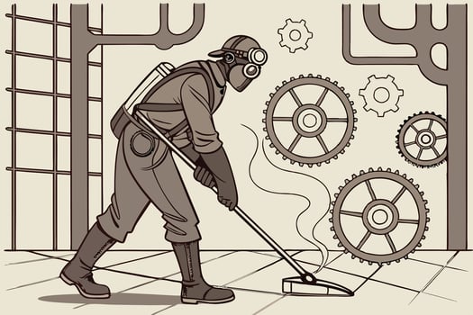 Steampunk janitor mopping in a factory with mechanical gears, steam and pipes in the background, industrial vintage theme vector