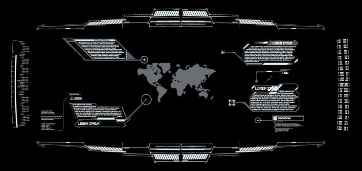 Modern digital map interface displaying global information and data analytics in a futuristic design. vector