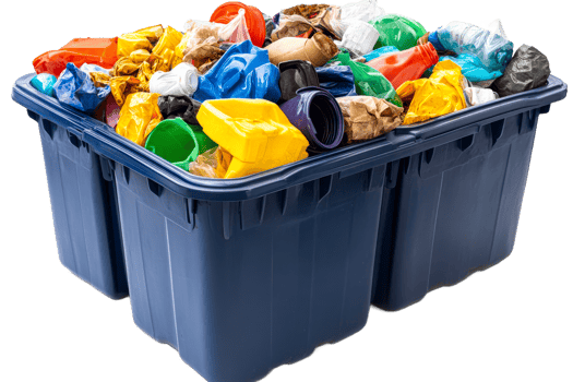 Recycling bin filled with various types of waste materials png