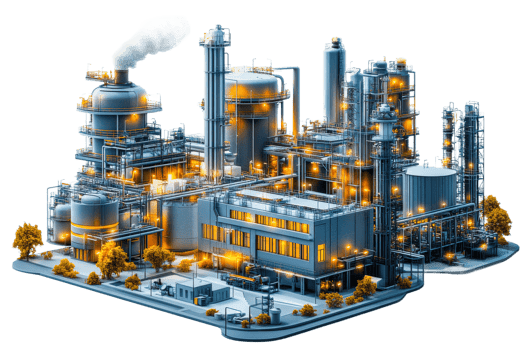 Industrial complex with glowing pipelines and smokestacks png