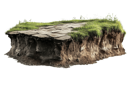 Grass covered rock platform with roots and stones png