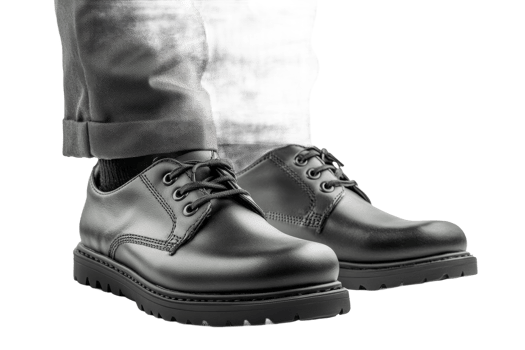 Stylish black shoes worn with gray pants in a casual setting png