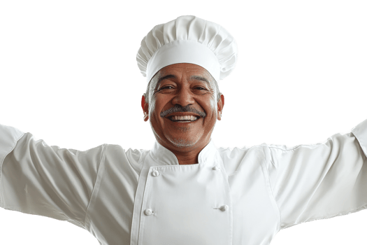 Cheerful chef welcoming guests with open arms png