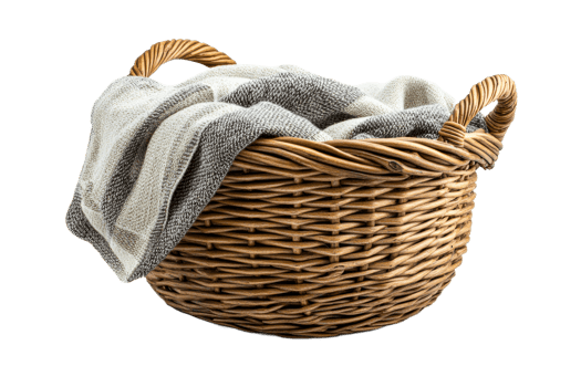 Woven basket with blanket on a transparent background png