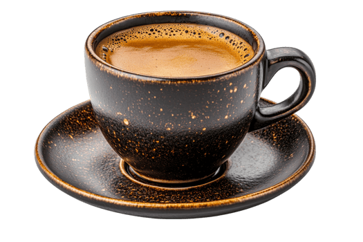 Rich espresso in a black ceramic cup on a saucer png