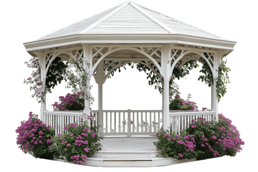 Charming gazebo with vibrant flowers in bloom png