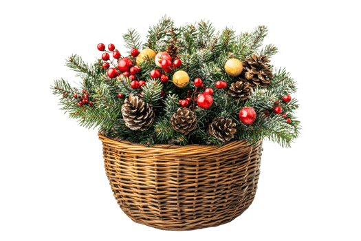 Festive decorative basket with pinecones and berries png