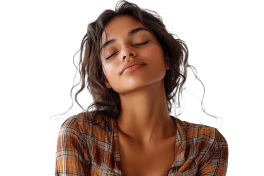A young woman with curly hair enjoys a serene moment png