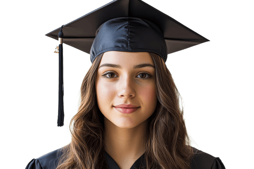 Graduation portrait of a young woman wearing a cap and gown png