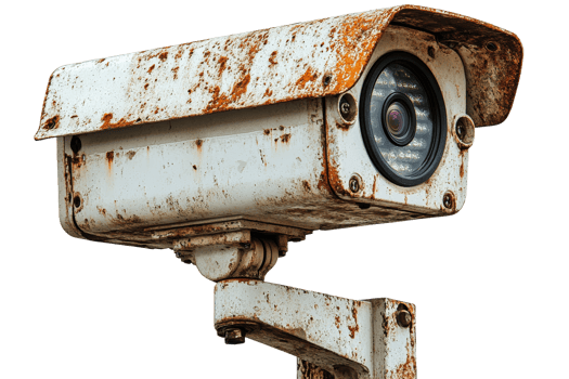 Rusty security camera on a metallic post in an urban area png