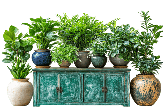 Lush indoor plants arranged on a rustic green cabinet png