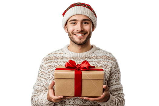 Man holding a gift with a warm smile during winter png