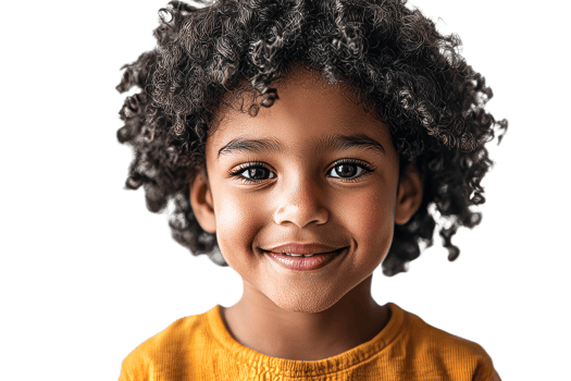 Happy child with curly hair smiling brightly, cut out transparent png