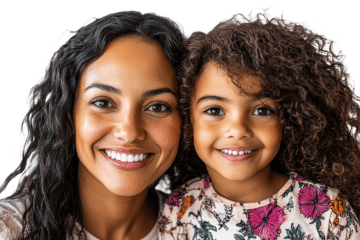 Smiling mother and daughter with curly hair together png