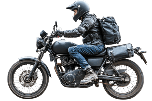 Rider on black motorcycle with gear and protective clothing png