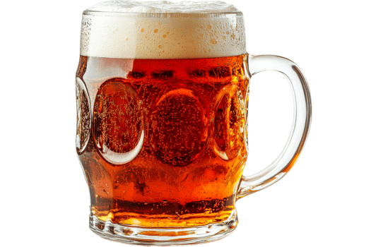 Mug of amber beer with frothy foam and bubbles png