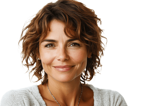 Smiling woman with curly hair and warm expression png