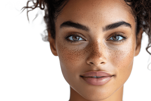 Beautiful young woman with freckles and curly hair png