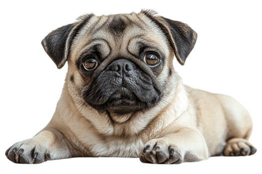 Pug dog resting with a curious expression in a cozy setting png