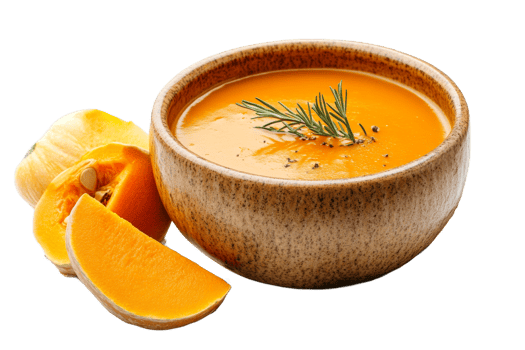Creamy pumpkin soup served in a rustic bowl png