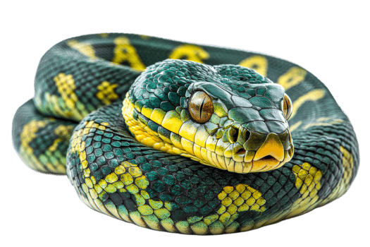 Beautiful green and yellow snake resting on a surface png