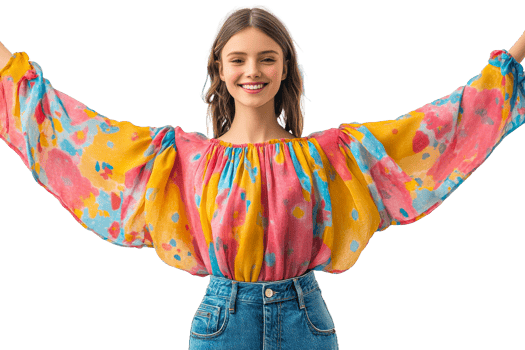 Young woman wearing colorful blouse with wide sleeves png