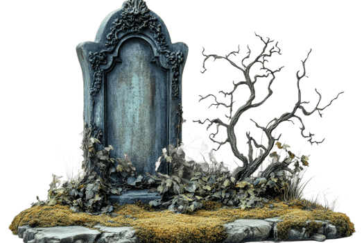 Gravestone with overgrown plants and twisted branches png