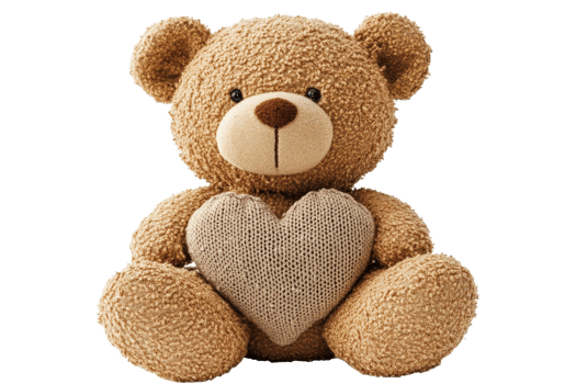 Teddy bear with heart shaped pillow sitting on ground png