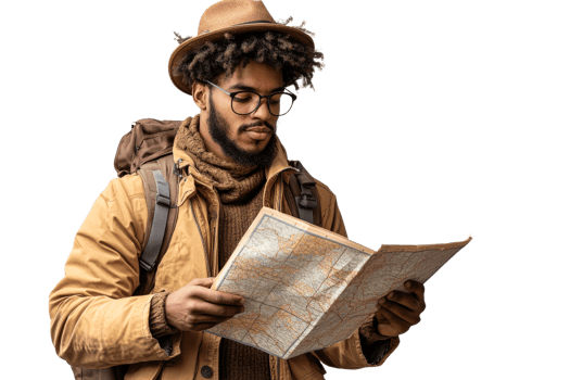 Man exploring a map in a warm outfit with a backpack png