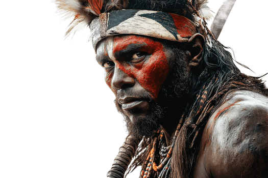 Warrior with painted face and traditional attire in focus png