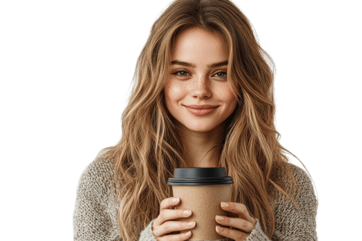 Young woman smiling with coffee cup in hand png