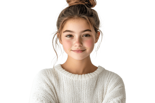 Young girl smiling with a cozy sweater on her shoulders png