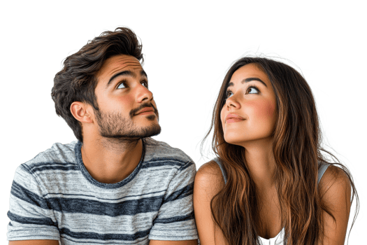 Young couple looking upward with curiosity and joy png